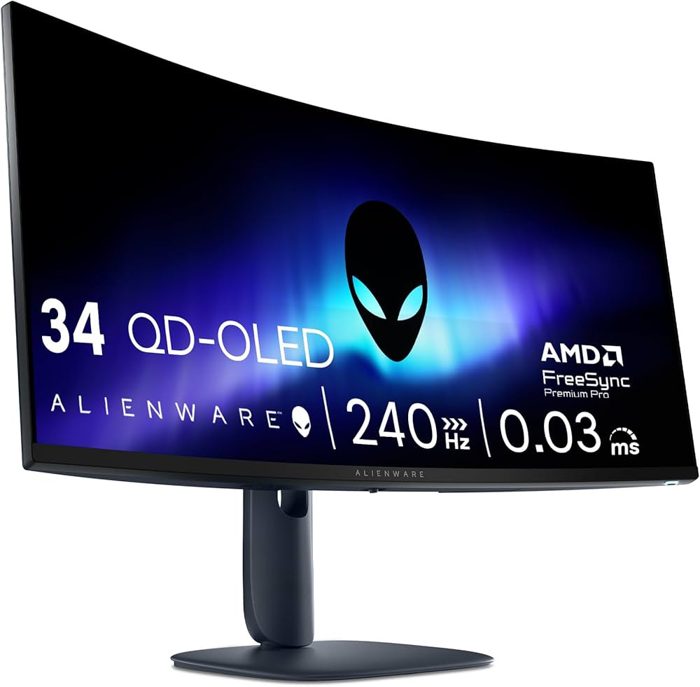 Monitor Alienware 34 Gaming AW3425DW Curved, 3440x1440, WQHD, 240Hz, QD-OLED Anti-Glare, 21:9, 1500000:1, 250/1000 cd/m2,AMD FreeSync+ VESA, 0.03ms, 178/178, DP, 2x HDMI, USB-A, USB-B, USB-C, Tilt, Swivel, Height, Slant, 3Y